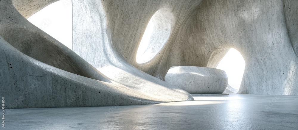 Poster abstract parametric interior featuring concrete and coquina with a window 3d rendering