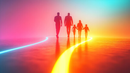 Fototapeta premium Holographic Family Journey with Glowing Path concept as A vibrant holographic image of a family walking on a glowing path symbolizing the journey of life and diversity isolated on a white background w
