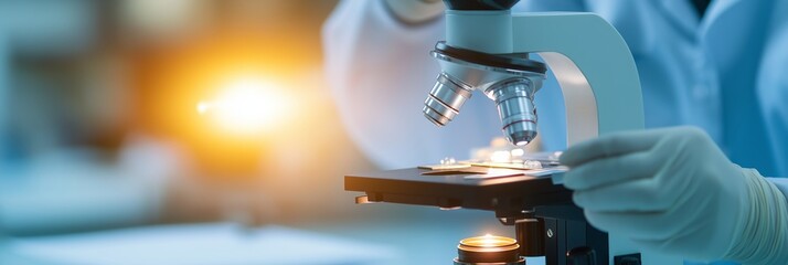 A close-up shot of a microscope being adjusted by a gloved hand in a brightly lit scientific laboratory setting.