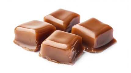 three toffee caramel candies isolated on white square format sweet confectionery treat photo