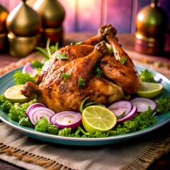 A mouthwatering 3D illustration of a roasted tandoori chicken. perfectly seasoned and served on a bed of fresh greens and vibrant red onions.