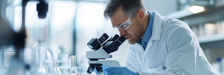 A scientist in a white coat examining samples under a microscope, surrounded by lab equipment in a bright laboratory.