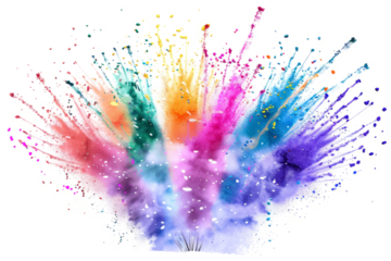 A burst of colorful powder exploding outward in a grand celebration, against a white background.
