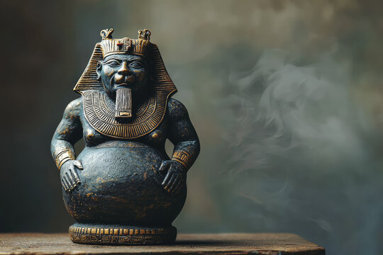 Hapi, the God of the Nile, Stands Tall, a Bronze Effigy Bathed in Mystical Smoke.