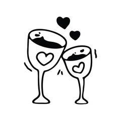 A black and white line drawing of two wine glasses clinking together, each adorned with a heart symbol.