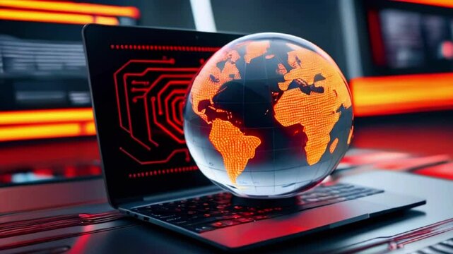 A glowing globe sits on a laptop, highlighting continents with a red hue, symbolizing the interconnectedness of technology and the world.