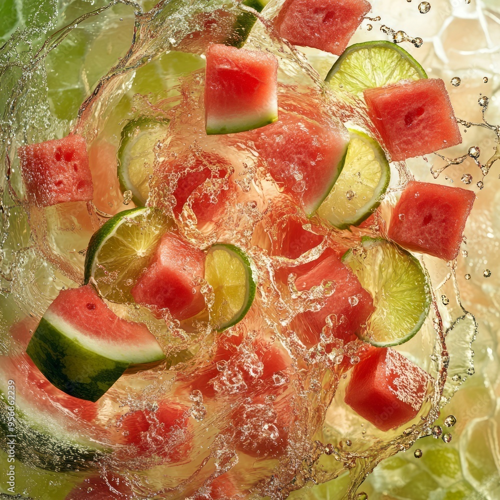 Wall mural Watermelon and lime slices splashing in water, creating a vibrant summery scene.