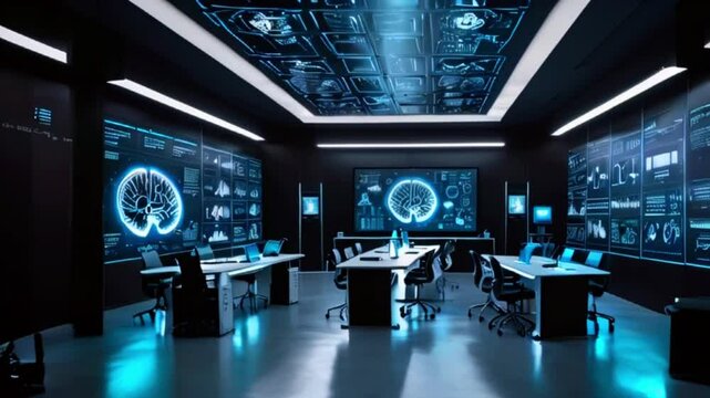 Modern office with futuristic technology.  The room is lit with blue lights and has a futuristic feel.  The walls are lined with screens displaying data and a human brain scan. 