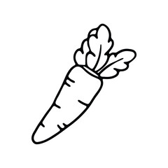 A simple black and white icon of a carrot with detailed leaves on top.