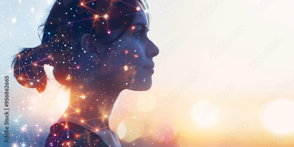 Poster a woman's profile with a digital network superimposed, representing the fusion of technology and hum