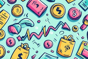 Colorful Seamless Design Showcasing Financial Growth with Doodled Charts, Coins, and Money Bags