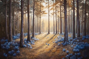 Oil painting depicting a stunning pine forest with blueberry sprigs on the ground and sunlight filtering through the branches