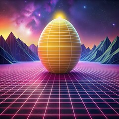 A futuristic 3D illustration of a glowing egg nestled in a neon grid landscape.
