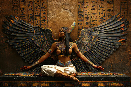 Nephthys, the Egyptian Goddess of Mourning, sits gracefully on a throne adorned with golden wings and intricate hieroglyphs. Her melancholic gaze speaks volumes about the weight of grief she carries.