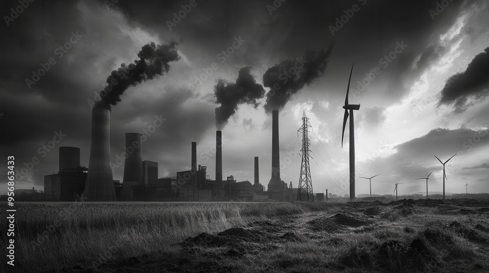 Poster old factories emit smoke while modern wind turbines spin, showcasing the contrast between fossil fue