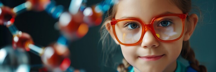 A young girl with red glasses intently studying a molecular model, representing her curiosity and interest in science and learning within an educational environment.