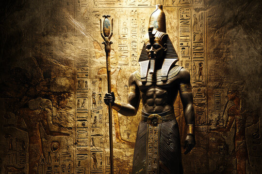 Ptah, the Creator God, Stands Majestically, Staff in Hand, Against a Wall of Ancient Hieroglyphs.