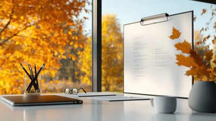 Office whiteboard with business plan, autumn landscape outside, 3D illustration