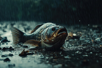A lone fish, washed ashore by the relentless rain, lies still on the pebbled bank, a stark reminder of nature's power.