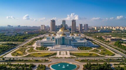 Naklejka premium Aerial view of the White House of Government Akorda in Astana, Kazakhstan, during the summer of 2024