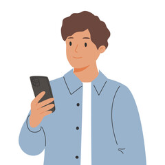 Happy person looking at smartphone in hand, reading message, surfing internet. Smiling man holding mobile phone.