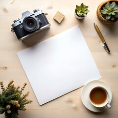 A minimalist flat lay showcasing a blank white card. a vintage camera. a pen. a cup of coffee. and decorative succulents.