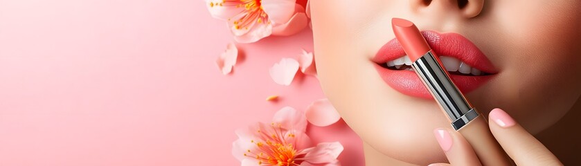 Obraz premium Closeup of Woman Applying Lipstick with Pink Flowers