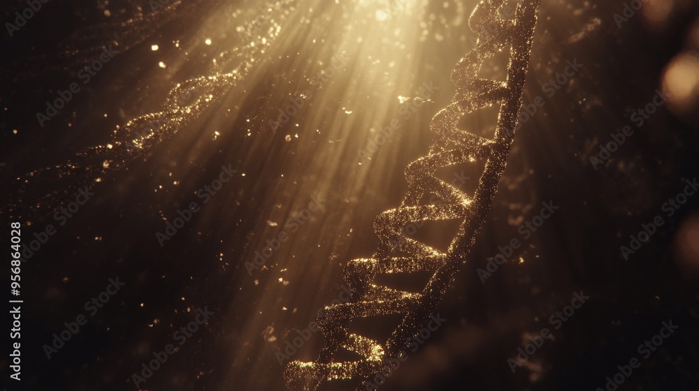 Aufkleber a golden helix of dna with particles floating in a dark background with a ray of light shining from 