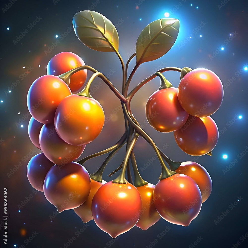 Poster a cluster of luminous. orange red berries on a stylized branch. glowing with an ethereal light again