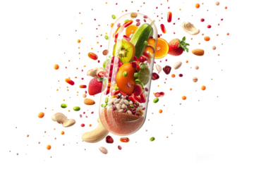 nutritional supplement capsule filled with fruits, vegetables, nuts and beans, on a crisp white background.