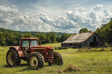 A Red Tractor Rests Beneath a Sky of Puffy Clouds, a Rustic Barn in the Background.