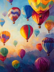 Fototapeta premium Vibrant oil painting of colorful balloons illuminated by sunrise light creating a beautiful and enchanting scene