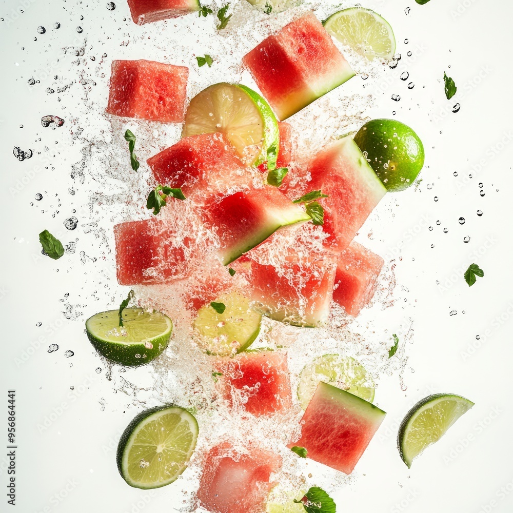 Wall mural Watermelon, lime, and mint cubes falling through water with splashes.