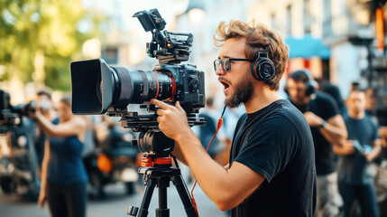 A young male videographer on an outdoor film set, operating a professional video camera mounted on a tripod, wearing headphones and concentrating on the shoot.