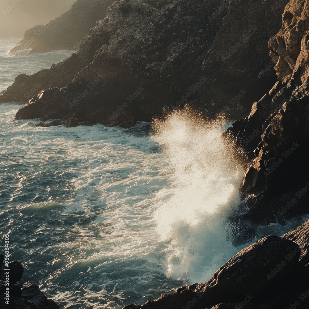 Sticker Waves crashing against rocky cliffs at sunset, creating a spray of water.