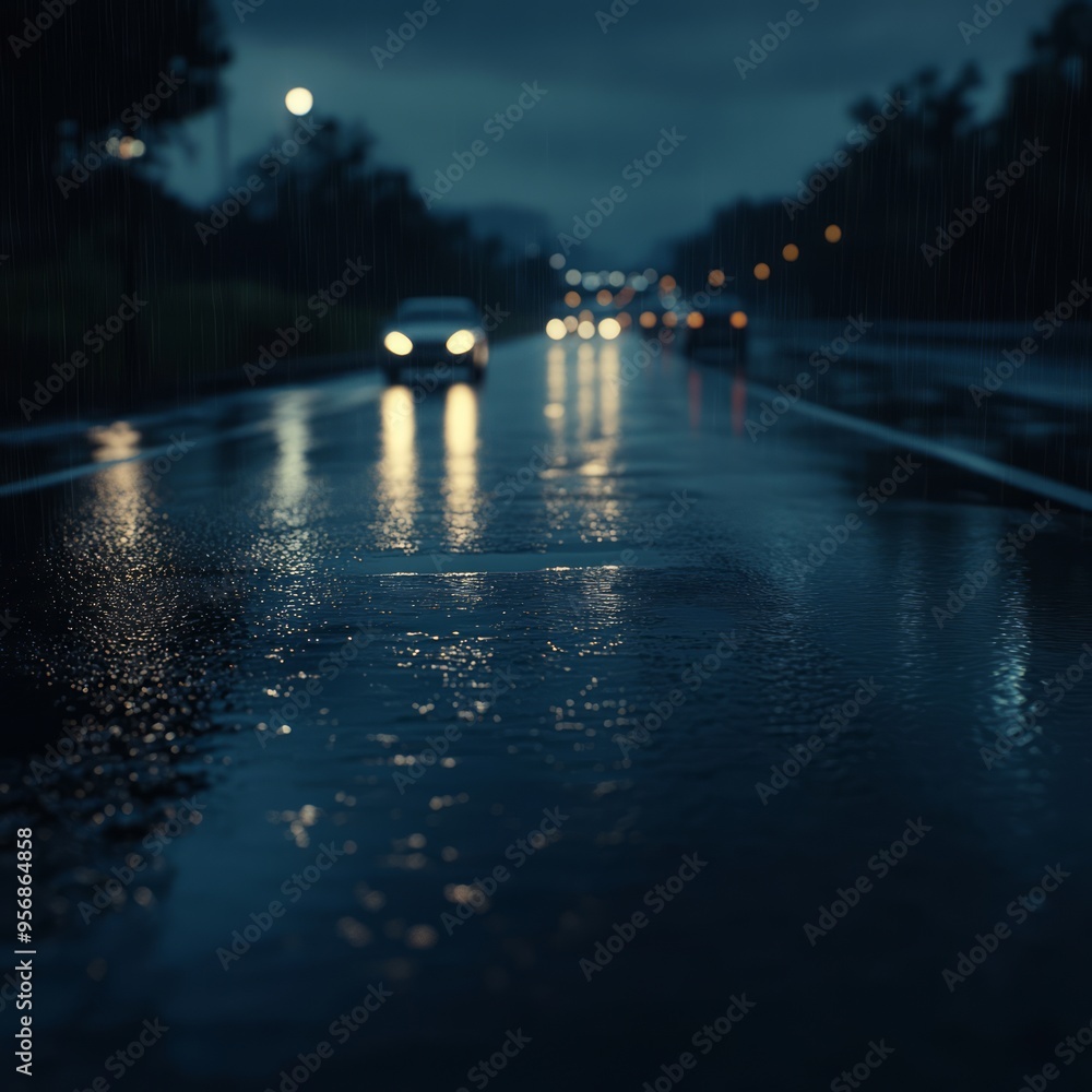 Wall mural Wet asphalt road with blurry car headlights at night during a light rain.