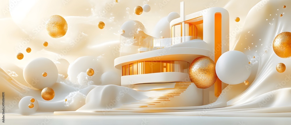 Poster abstract architecture with golden spheres.