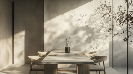 Detailed view of a minimalistic dining area with a simple table, elegant chairs, and understated decor, creating a refined and open dining space