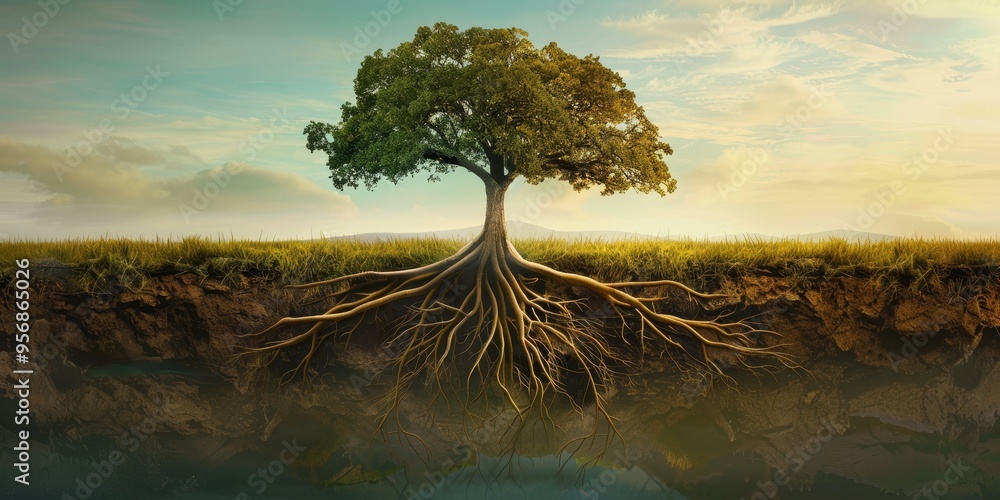 Poster Conceptual artwork of a tree with roots intermingling underground, symbolizing interconnectedness and unity