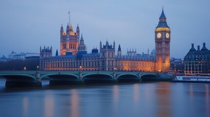 Naklejka premium Big Ben and the Houses of Parliament in London, UK, illuminated at dusk, with a serene Thames River in the foreground