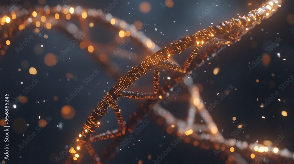 Aufkleber a 3d rendering of a dna double helix with glowing strands against a dark blue background with bokeh.