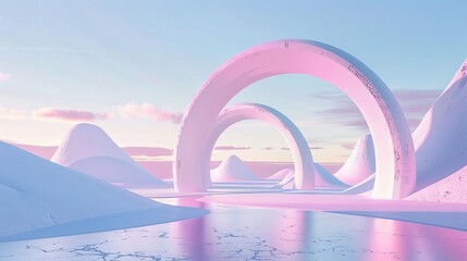 surreal pastel desert with geometric shapes and arches futuristic 3d landscape