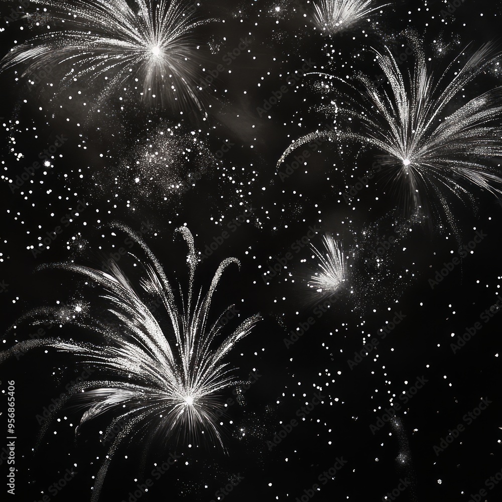 Poster White fireworks exploding in a black night sky.