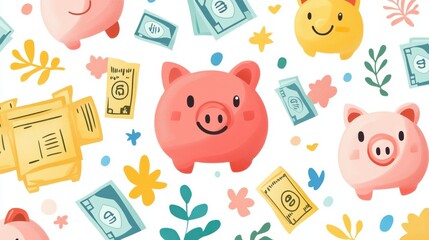 Happy Vibrant Financial Freedom Pattern with Cheerful Piggy Banks, Cash, and Financial Goals