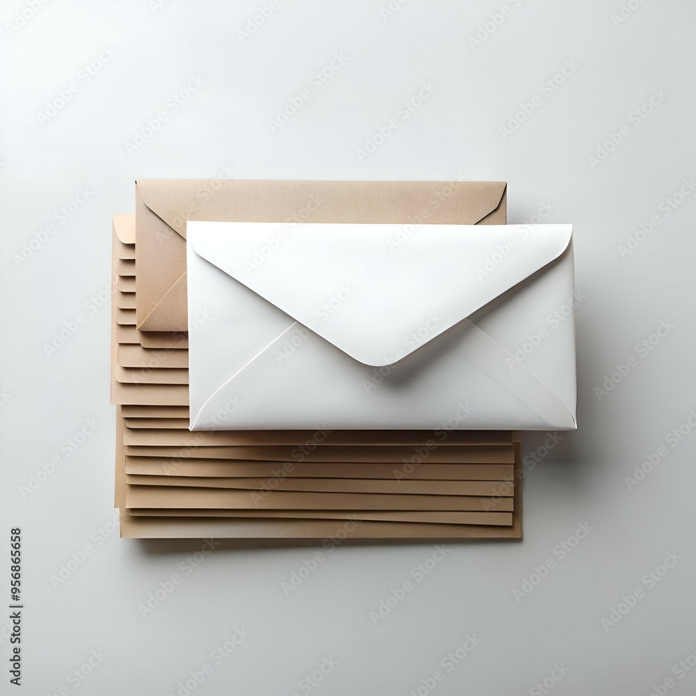 Poster a stack of brown envelopes with a single white envelope on top.
