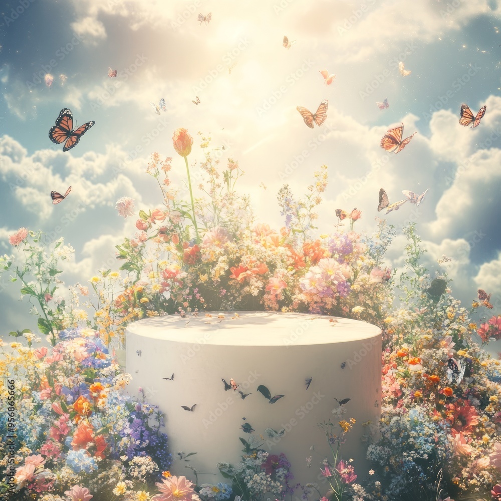 Canvas Prints White pedestal surrounded by a vibrant garden of wildflowers and flying butterflies against a blue sky with sunlight.