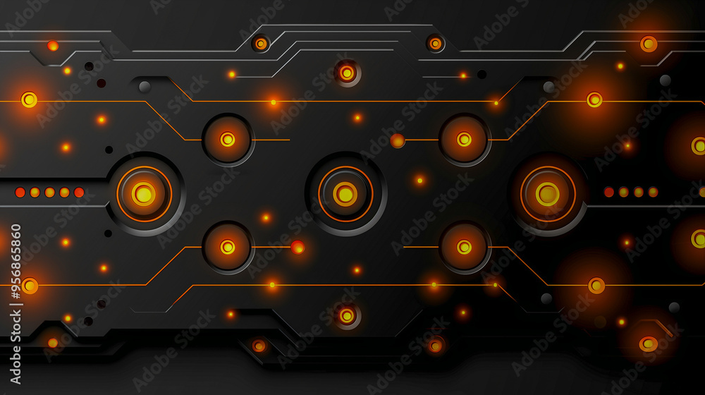 Poster futuristic circuit board design with glowing orange elements..