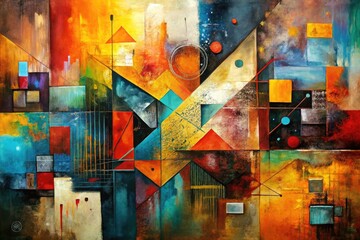 Abstract expressionist mixed media art incorporating bold textures and geometric shapes evoking emotional depth