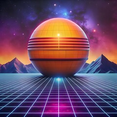 A retro futuristic 3D illustration of a glowing orange sphere on a gridded landscape under a starry sky.