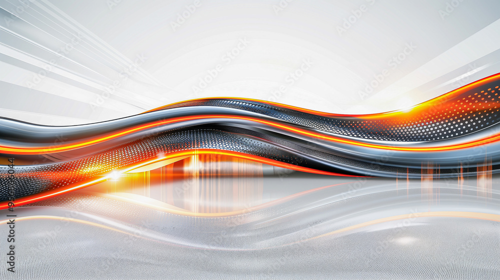 Poster dynamic abstract waves with orange and silver accents..